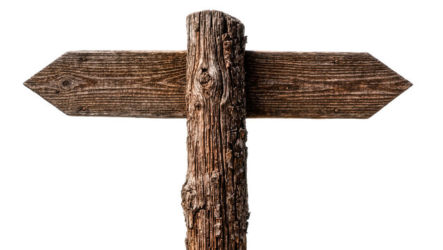 Rustic wooden directional signpost with two arrow-shaped planks, isolated on transparent background