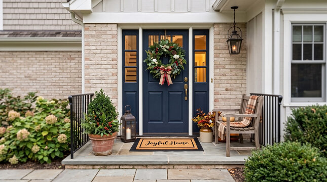 Front porch entryway with dark blue door and festive evergreen wreath. Joyful Home doormat with lantern and wooden bench on stone patio