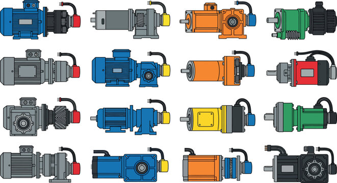 Collection of industrial electric motors and gearboxes flat vector illustrations for manufacturing and engineering projects isolated on white