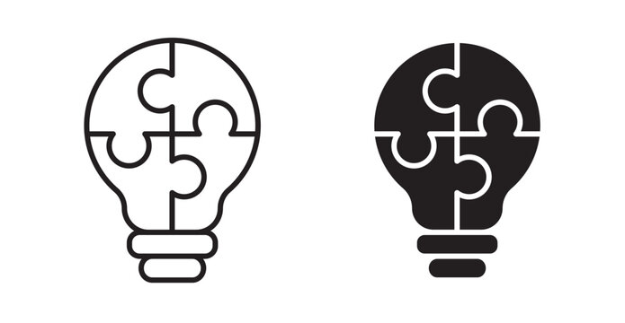 Light bulb puzzle piece icons in fill and stroke style on white background
