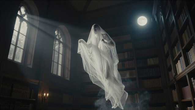 Ethereal White Ghost Floating in Haunted Victorian Library