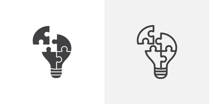 Light bulb puzzle piece vector icons set on white background