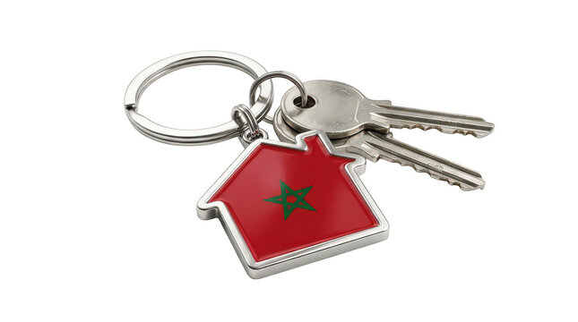 House keychain with morocco flag and metal keys isolated on transparent background