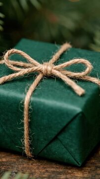 Closeup of a small green gift wrapped with twine and bow on a wooden table surrounded by pine branches and warm bokeh lights