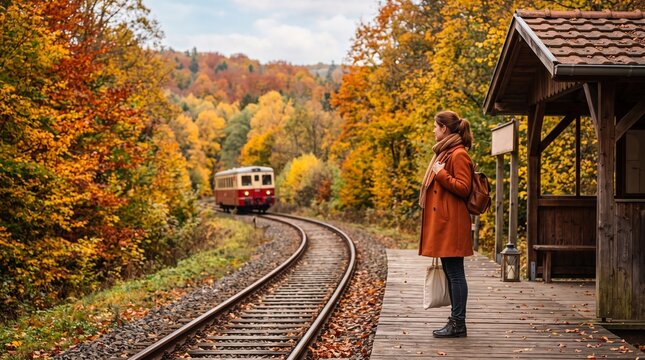 Woman waiting for a train at a scenic autumn railway station  