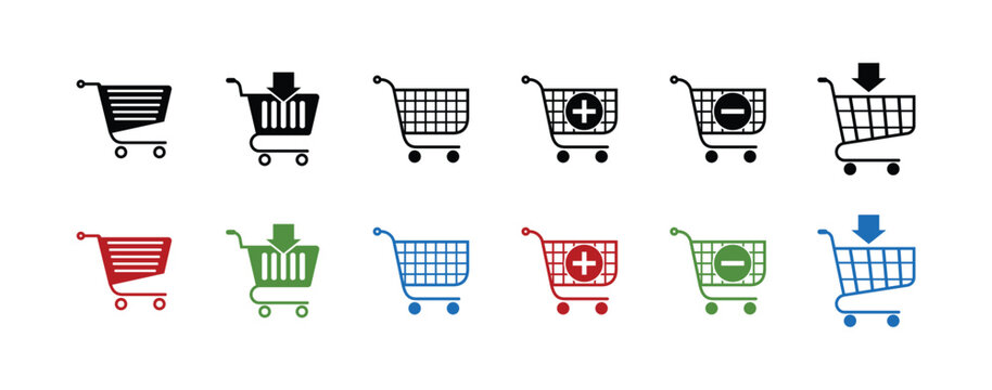 Shopping Cart Icon Set E-commerce Store Trolley Add Remove Plus Minus Arrow Symbol Colorful Vector Illustration Graphic Element