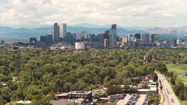 Aerial view of the Denver skyline on a sunny day Colorado 4K