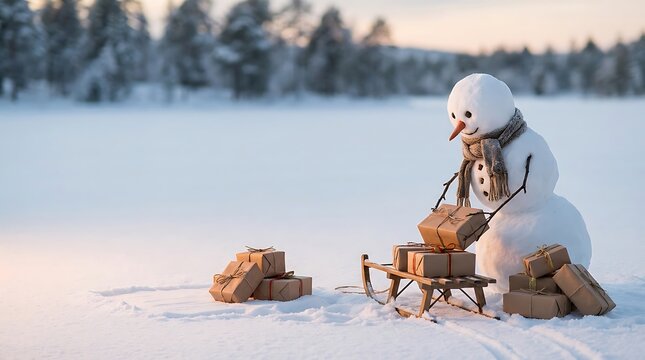 Christmas Snowman Performing Winter Service Action in Snowy Landscape with Copy Space