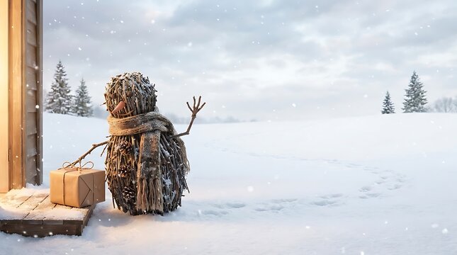 Christmas Snowman Performing Winter Service Action in Snowy Landscape with Copy Space