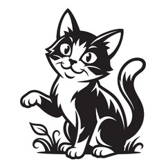 Obraz premium Cute black and white cat vector illustration playing in grass with paw raised