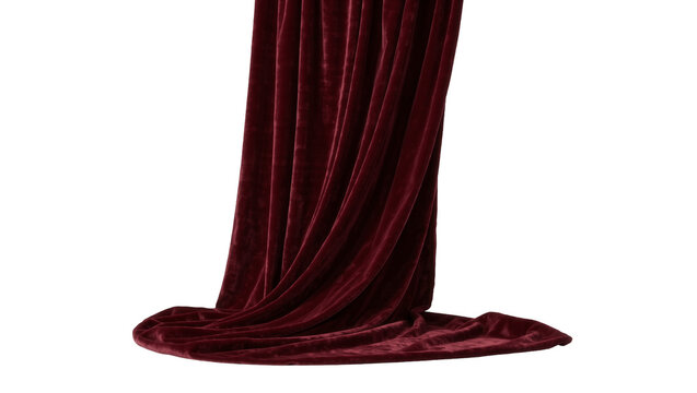 Deep red velvet curtain draped elegantly pooling on floor, isolated on transparent background