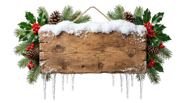 Rustic wooden sign with snow and christmas pine branches isolated on transparent background