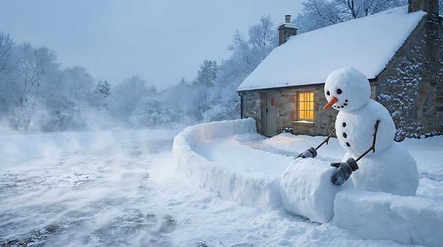 Christmas Snowman Performing Winter Service Action in Snowy Landscape with Copy Space