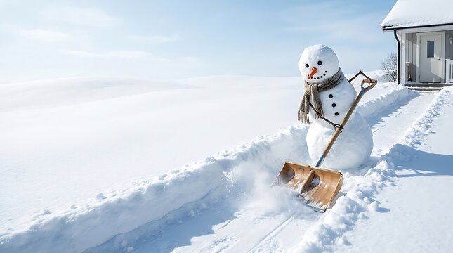 Christmas Snowman Performing Winter Service Action in Snowy Landscape with Copy Space