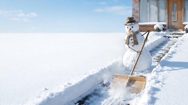 Christmas Snowman Performing Winter Service Action in Snowy Landscape with Copy Space