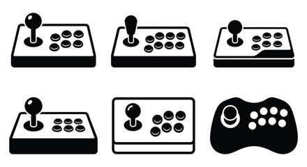 Black silhouettes of various arcade game controllers on a white background © Arif Hossain