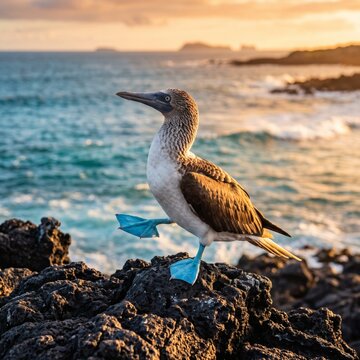 Blue-Footed Booby Standing on Volcanic Rock at Ocean Sunset
