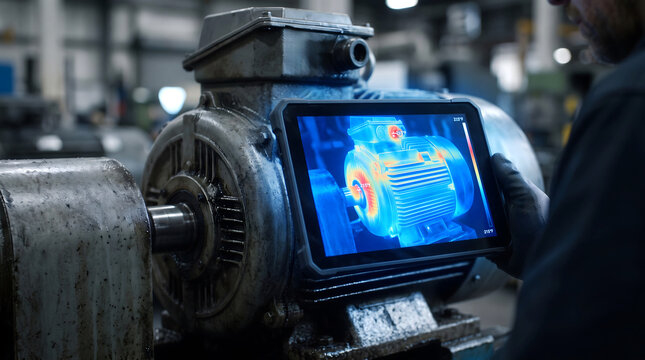Technician using a tablet computer with thermal imaging diagnostics on an electric motor.