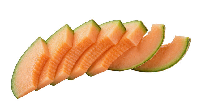 Fresh cantaloupe melon slices with green rind, isolated on transparent background