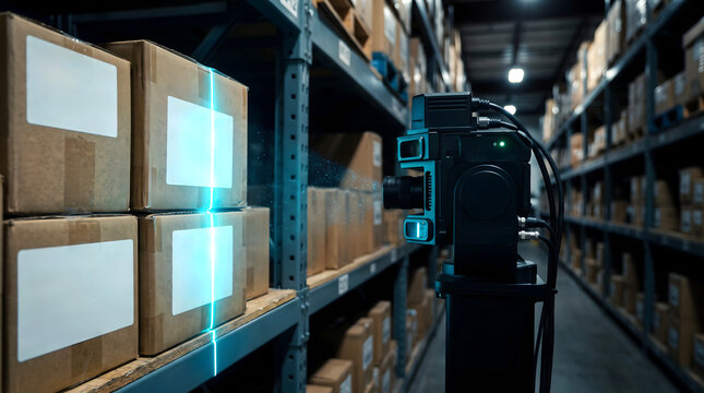 Automated scanner system checking cardboard boxes with white labels on shelves inside a busy logistics warehouse.