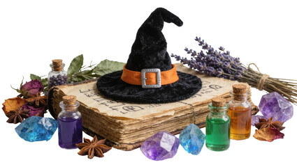 Witch s black hat and ancient spellbook with potions crystals and dried herbs, isolated on transparent background © PICSPRO