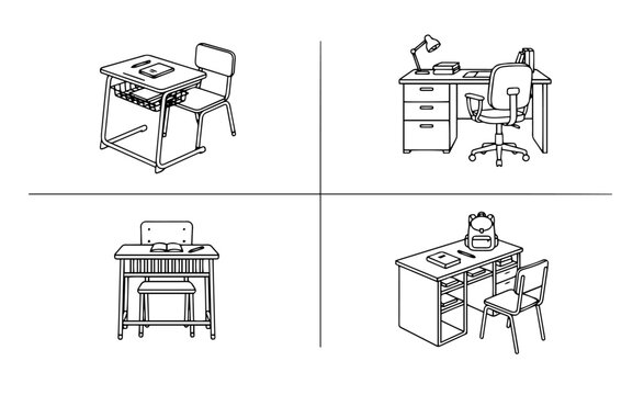 School and office desk with chair line art vector set.
