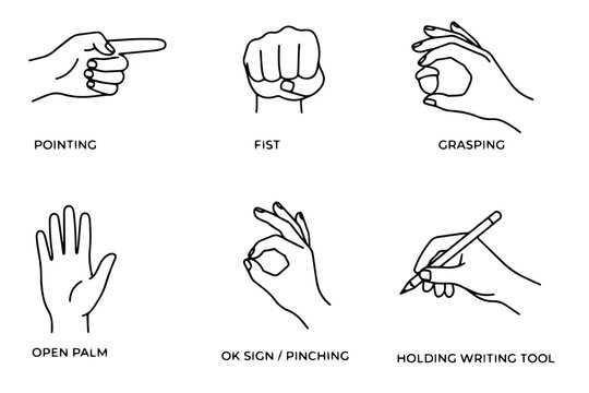 Human hand gestures and positions line art icons vector set.