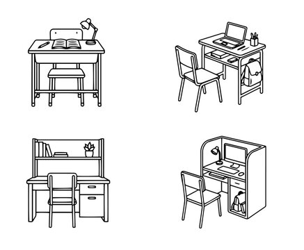 School study desk furniture workplace set line art vector illustration