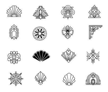 Art deco vintage geometric decorative elements line art vector icons set