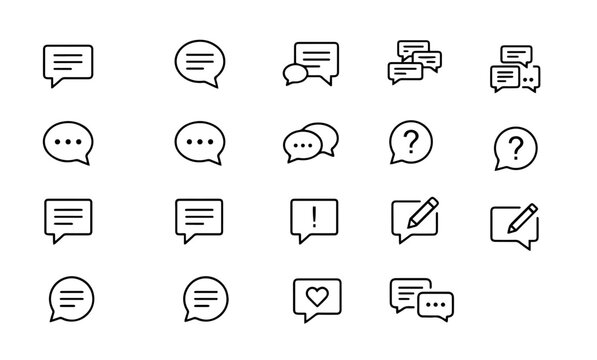 Speech bubble chat and message line art icons vector set.