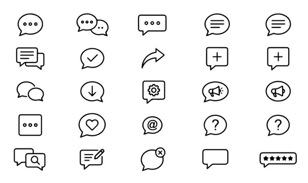 Speech bubble chat message communication line art vector icons set