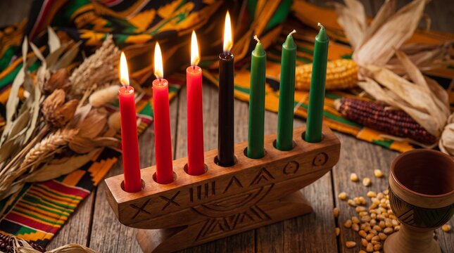 Kwanzaa Kinara with Lit Red Black and Green Candles and Traditional African Cultural Elements on a Rustic Table