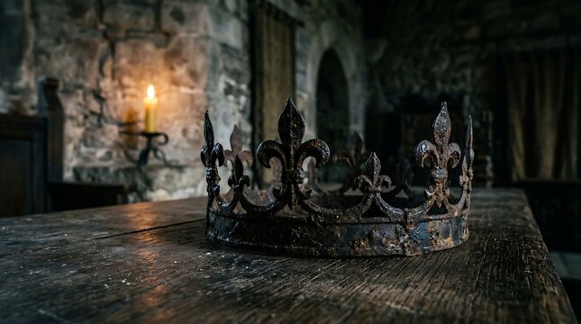 Rusty iron crown on a wooden table