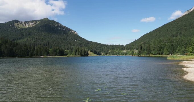 Magnificent Spitzingsee lake, north of the Schliersee in the Bavarian Alps, is surrounded by high peaks including the Brecherspitz and J&auml;gerkamp