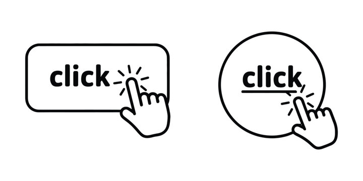 Click here button icon set, rounded rectangle and circle symbols, finger cursor, website navigation, call to action, web interface, vector illustration