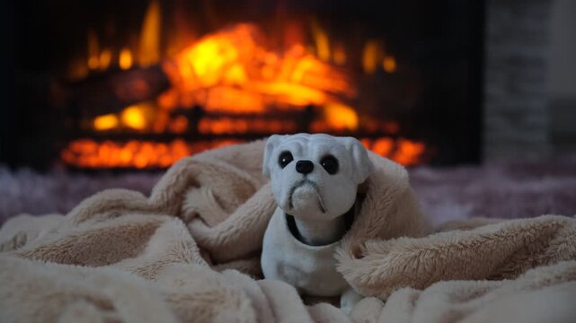 Cute dog toy with shaking head under a wrapping blanket close to fireplace. Its worried eyes tell a silent story of discomfort, energy poverty and household hardship. Cost of Living