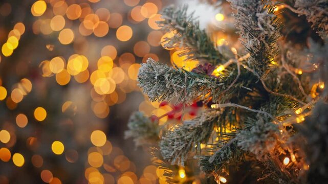 Close up of glowing Christmas tree branches covered with artificial snow and warm festive lights, golden bokeh background creating cozy holiday atmosphere, winter celebration