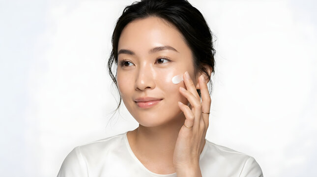 Young asian woman applying moisturizing cream on her face for healthy glowing skin care routine portrait