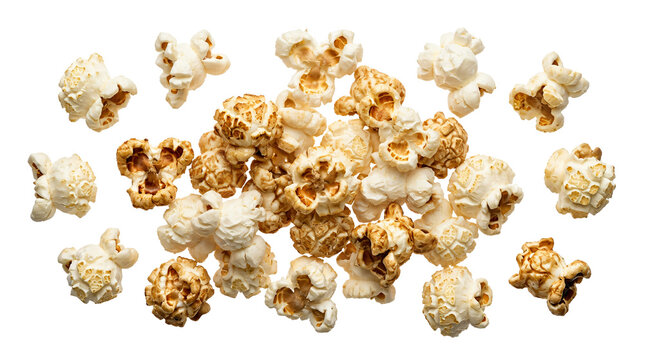 Crunchy golden popcorn pieces scattered in a dynamic pattern for cinema snacks on transparent background