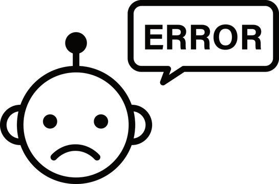 AI chatbot icon for virtual assistant and customer support design. Sad robot avatar with Error speech bubble in line style. Vector illustration isolated on transparent background.