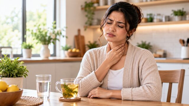 Sick woman holding throat with warm tea cup on wooden table suffering from sore throat for medical blog post.