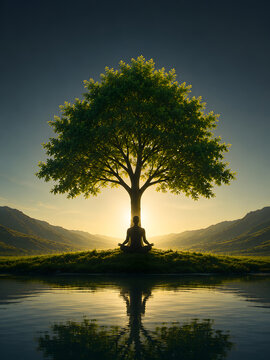 Zen meditation silhouette under a glowing tree of life, peaceful yoga mindfulness at sunrise, spiritual wellness and nature reflection on calm water