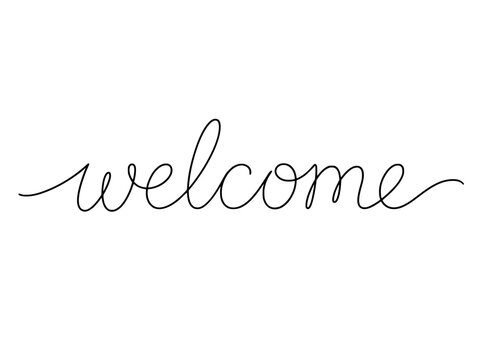 a continuous single line drawing of the word welcome written in elegant cursive handwritten script