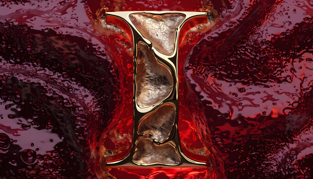 Metallic letter i sign with glowing interior on textured red background letter i typography design metallic alphabet 3D letter abstract background graphic design textured surface luxury font