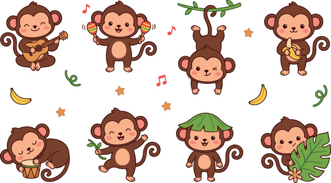Cute cartoon monkey vector character collection featuring happy primates playing guitar maracas sleeping hanging upside down and eating bananas for kids design