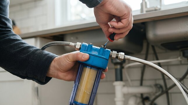 Home water filter installation, a close-up of a person's hands connecting a blue water filtration system under a kitchen sink, plumbing maintenance and healthy drinking water concept