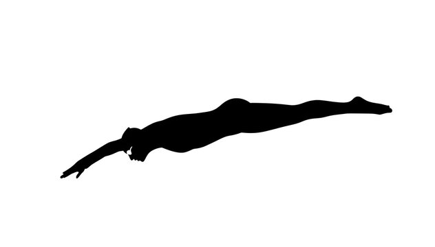 Black silhouette of a swimmer diving forward, elegant dynamic pose, isolated on pure white background, clean professional composition