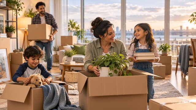 A family moves into a bright apartment, unpacking boxes with a potted plant, books, a teddy bear, and household belongings beside large windows overlooking a waterfront city.
