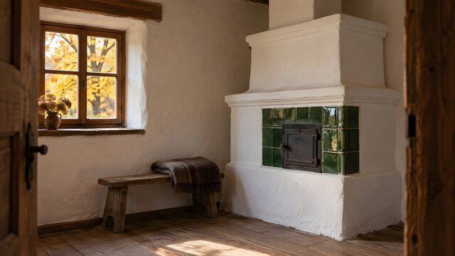 Traditional Whitewashed Stove in an Old Polish Cottage Interior in Autumn