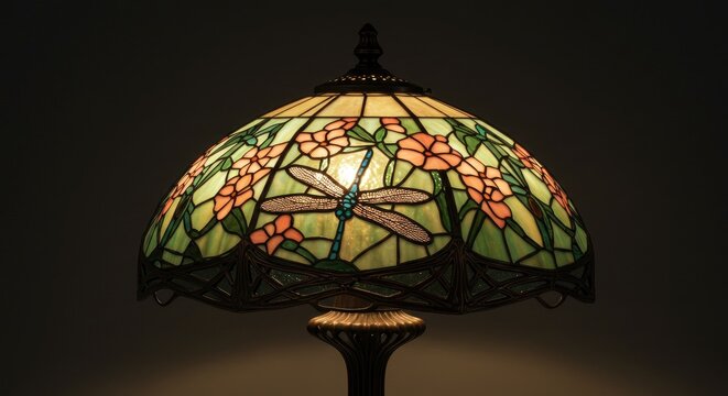 Vintage stained glass lamp shade closeup.